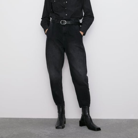 Zara Paperbag Waist High Rise Tapered Balloon Leg Cropped Jeans - Picture 14 of 14